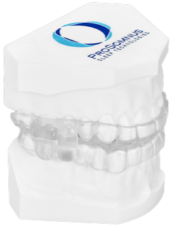 Closeup of a ProSomnus brand obsctructive sleep apnea mouthguard, sitting on a display.