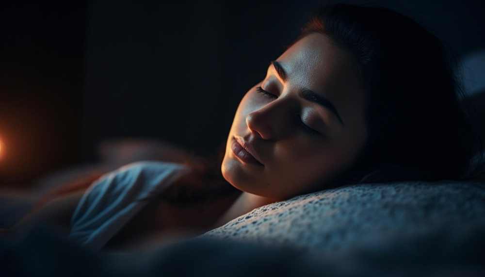 A young girl sleeping peacefully on a pillow in a dark room with a faint night light highlighting parts of her face.
