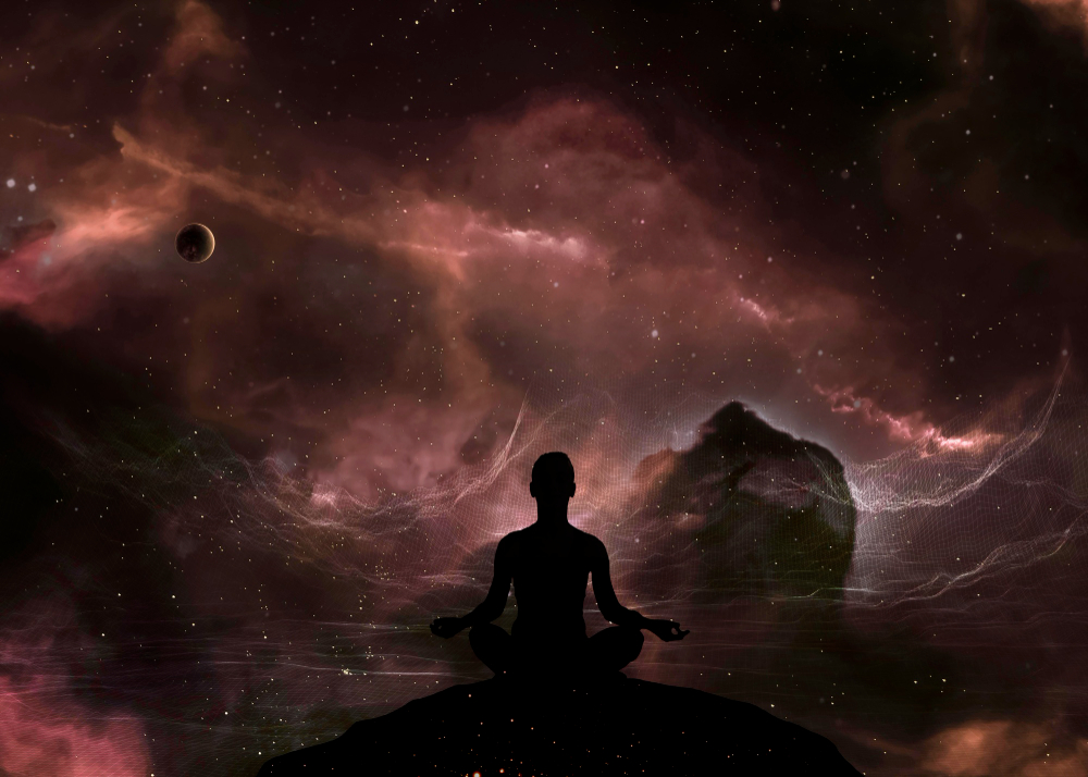 A visual graphic that has a yogic pose with planetary and celestial views depicting imagery and visualization in meditation