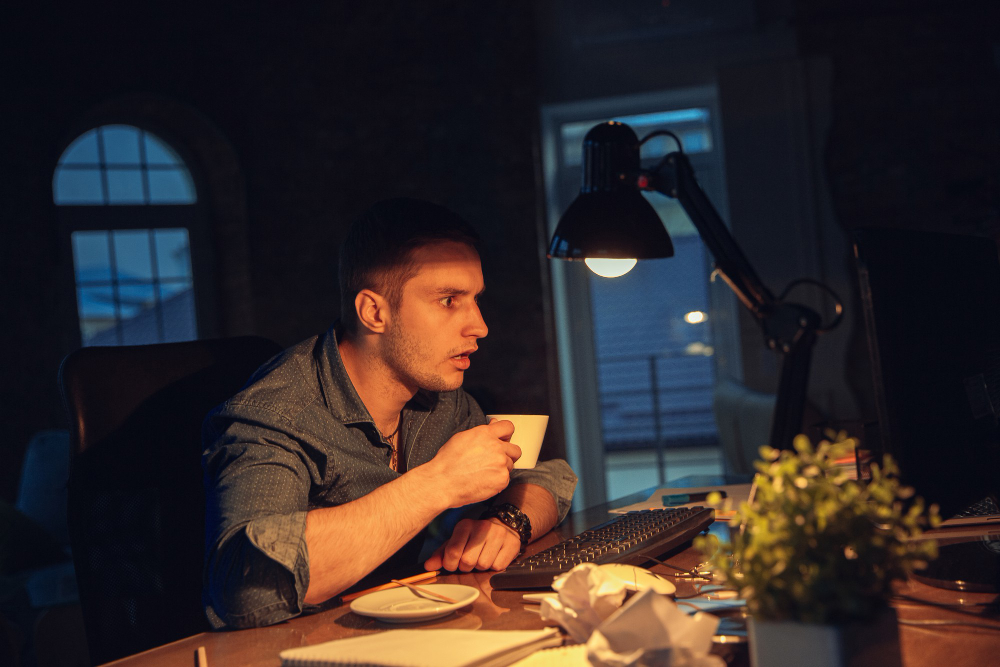 A young man staring with attention and alertness at a computer screen while drinking coffee at night