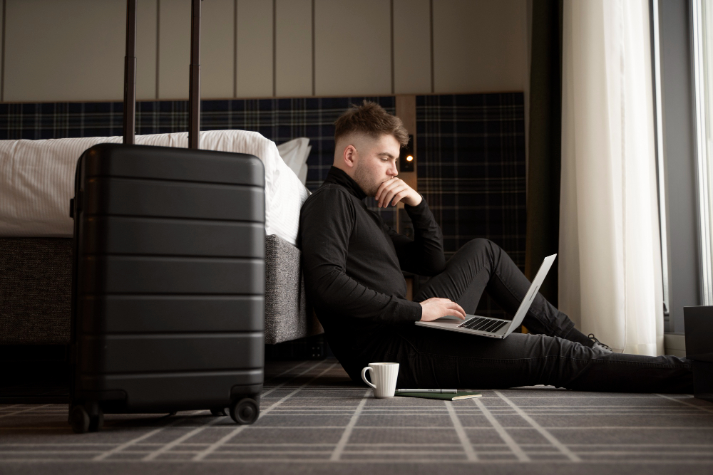 A young male in all black with laptop and coffee next to him working on the floor, next to a packed suitcase in a hotel room